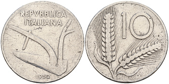 Италия 10 лир 1952 R, плуг KM 93 алюминий    4595-335