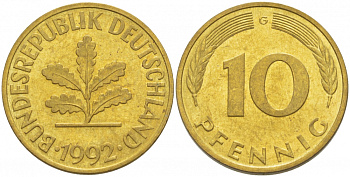 ФРГ 10 ПФЕННИГОВ 1992 J KM 108, J.383 сталь плакированная латунью 3718-844