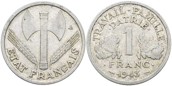 ФРАНЦИЯ 1 ФРАНК 1943 LB, ТИП LEGERE, ПРАВИТЕЛЬСТВО ВИШИ KM 902.1, LE FRANC 223.3 алюминий 51-3825