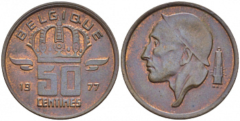 БЕЛЬГИЯ 50 САНТИМОВ 1977 BELGIQUE, БОДУЭН I (1951-1993) KM 148.1 бронза 4532-116