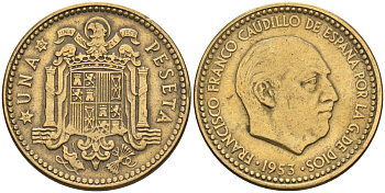 Испания 1 песета 1953 (62) Франсиско Франко (1939-1975) KM 775 алюминиевая бронза 3336-311