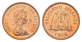 Фолклендские острова 1 пенс 1974 Елизавета II (1952-2022), папуанский пингвин KM 2 бронза  aUNC  4640-852