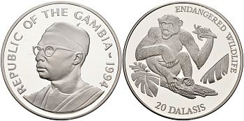 Гамбия 20 даласи 1994 серия защита окружающей среды, обезьяна, тираж 15000 экз. KM 38 серебро PROOF 1098-1-44