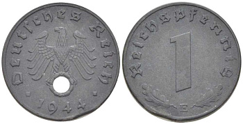 ГЕРМАНИЯ 1 РЕЙХСПФЕННИНГ 1944 E, БРАК ЗАГОТОВКИ KM 97, J.369 цинк 201-966