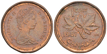 Канада 1 цент 1987 Елизавета II (1952-2022), кленовый лист KM 132 бронза 4609-225