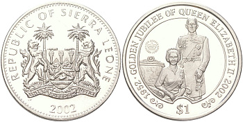 Сьерра-Леоне 1 доллар 2002 50 лет правлению Королевы Елизаветы II - Елизавета II и принц Филипп KM 285 медно-никель BU 4368-1124
