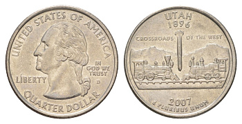 США 25 центов (квотер, 1/4 доллара) 2007 Квотер штата Юта KM 400 медь плакированный медно-никелем UNC 4629-146