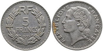 ФРАНЦИЯ 5 ФРАНКОВ 1933 KM 888 никель 87-1332