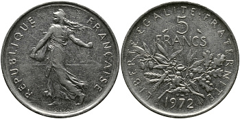 ФРАНЦИЯ 5 ФРАНКОВ 1972 СЕЯТЕЛЬ KM 926a.1, LE FRANC 341.4 медно-никель плакированный никелем 97-636