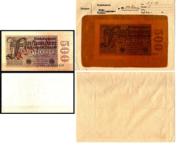 Германия 500000000 марок 1923 1 сентября, MUSTER, образец, Specimen. В оригинальном банковском конверте. Из коллекции Отто Сейфферта (помощник Ялмара Шахта - министра экономики Германии и президента Рейхсбанка времен третьего рейха) Pick 110 s, Grabowski 