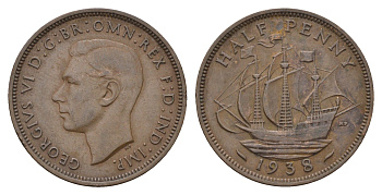 Великобритания 1/2 пенни 1938 Георг VI (1936-1952) KM 844, Spink 4115 бронза 4700-1213