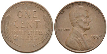 США 1 ЦЕНТ 1957 ЛИНКОЛЬН KM А132 медь цинк 218-1033