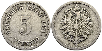 ГЕРМАНИЯ 5 ПФЕННИГОВ 1874 А, СТАРОГЕРБОВКА KM 3, Jager 3, Weege 5 медно-никель 4546-1021