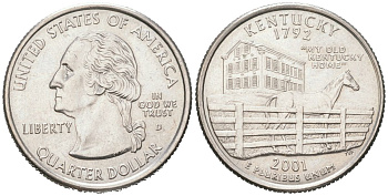 США 25 центов = квотер = 1/4 доллара 2001 D, квотер штата Кентукки KM 322 медь плакированная медно-никелем UNC 183-241