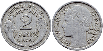 Франция 2 франка 1949 В, тип Morlon KM 886а.2, Le Franc 269.15 алюминий 4397-754