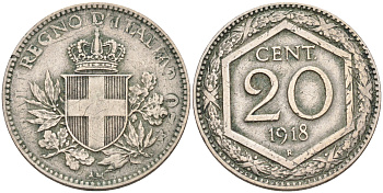 ИТАЛИЯ 20 ЧЕНТЕЗИМО 1918 R, ВИТОРИО ИМАНУИЛ III KM 58 медно-никель 63-1316