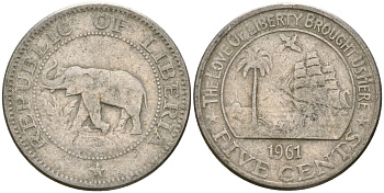 Либерия 5 центов 1961 KM 14 медно-никель 4132-426
