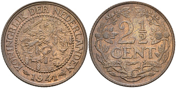 Нидерланды 2 1/2 цента 1941 Вильгельмина (1890-1948) KM 150 бронза 4575-854