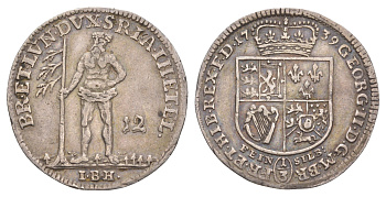 Брауншвейг-Каленберг-Ганновер 12 мариенгрошей (1/3 талера) 1739 IBH, дикарь, Георг II (1727-1760), из коллекции Ричарда Б. Смита Smith 123, Welter 2600, KM 255 серебро 1525-1025