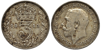 Великобритания 3 пенса 1913 Георг V (1910-1936) KM 813, Spink 4015 серебро 4528-434