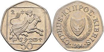 Кипр 50 центов 1994 похищение Европы KM 66 медно-никель 4141-1235
