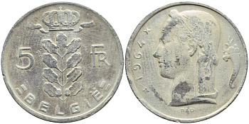Бельгия 5 франков 1964 Belgie, Бодуэн I (1951-1993) KM 135.1 медно-никель 3999-936