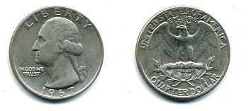 США 25 центов (квотер) 1967 Вашингтон KM 164a медь плакированная медно-никелем 46-1926