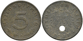 Германия 5 рейхспфеннигов 1941 А, монетный двор Берлин KM 100, J. 370 цинк 186-733