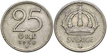 Швеция 25 эре 1950 TS, Густав V (1907-1950), проба 400 KM 816 серебро 4549-1126