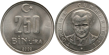 ТУРЦИЯ 250000 ЛИР 2002 АТАТЮРК KM 1137 медь никель цинк UNC 181-455