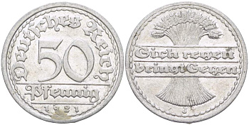 ГЕРМАНИЯ 50 ПФЕННИГОВ 1921 J, ВЕЙМАРСКАЯ РЕСПУБЛИКА KM 27, J. 301 алюминий 4523-317