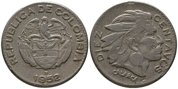 Колумбия 10 сентаво 1952 B KM 212.1, Restrepo 380.1 медно-никель 4576-955