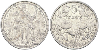 Французская Новая Каледония 5 франков 2009 птица кагу, (IEOM) KM 16, Schoen 12, Lec 81k алюминий 221-833