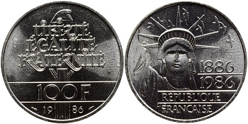 Франция 100 франков 1986 100 лет статуе Свободы на острове Эллис KM 960 серебро UNC 4127-444
