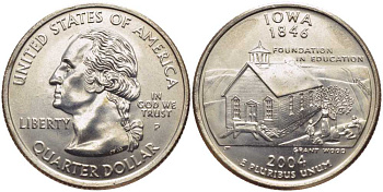 США 25 центов = квотер 2004 P, серия штаты США, Айова KM 358 медь плакированная медно-никелем UNC M50-07