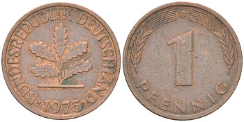 ФРГ 1 пфенниг 1975 D KM 105 сталь плакированная медью 4613-1169