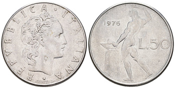 Италия 50 лир 1976 R, Бог огня Вулкан у наковальни KM 95.1 нержавеющая сталь 4577-456