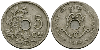 Бельгия 5 сантимов 1906 Belgique KM 54 медно-никель 4173-416