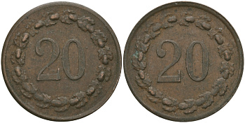 ФРАНЦИЯ 20 САНТИМОВ ND ПЛАТЕЖНЫЙ ЖЕТОН НАЧАЛА XX ВЕКА, ЦИФРЫ НОМИНАЛА 7 ММ.,ЦИФРЫ НОМИНАЛА В ВЕНКЕ, ДИАМЕТР 23 ММ. медь 98-947