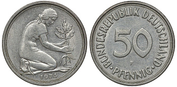 ФРГ 50 ПФЕННИГОВ 1974 F J 384a, KM 109.2 медно-никель aUNC 72-1054