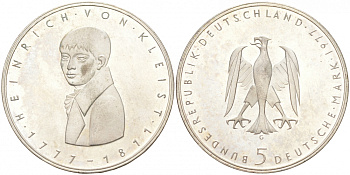 ФРГ 5 марок 1977 G, 200 лет со дня рождения Генриха фон Клейста KM 146, J. 421 серебро 3855-626
