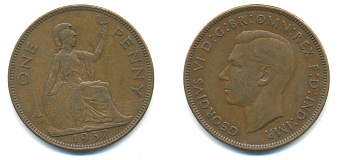 Великобритания 1 пенни 1937 Георг VI (1936-1952) KM 845, Spink 4114 бронза 89-116