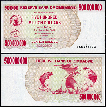 Зимбабве 500000000 долларов 2008 тигровая рыба, Кариба ГЭС Pick 60 бумага UNC (пресс) 7375-2-3-2