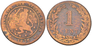 Нидерланды 1 цент 1878 Виллем III (1849-1890) KM 107 бронза 4621-1055