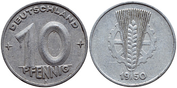 ГДР 10 ПФЕННИГОВ 1950 А KM 3 алюминий 4398-754