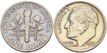 США 10 ЦЕНТОВ = 1 ДАЙМ 1966 РУЗВЕЛЬТ KM 195a медь плакированная медно-никелем 187-1043