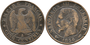 ФРАНЦИЯ 5 САНТИМОВ 1856 А, НАПОЛЕОН III (1852-1870) KM 777.1, LA FRANC 116.30 бронза 28-923