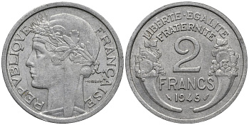 Франция 2 франка 1945 KM 886a алюминий 4577-732