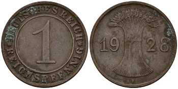 Германия 1 рейхспфенниг 1928 F KM 37, J. 313 бронза 192-958