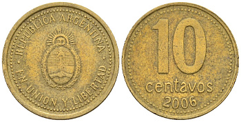 Аргентина 10 сентаво 2006 KM 107, CJ 3, Schon 110 алюминиевая бронза 4609-1255